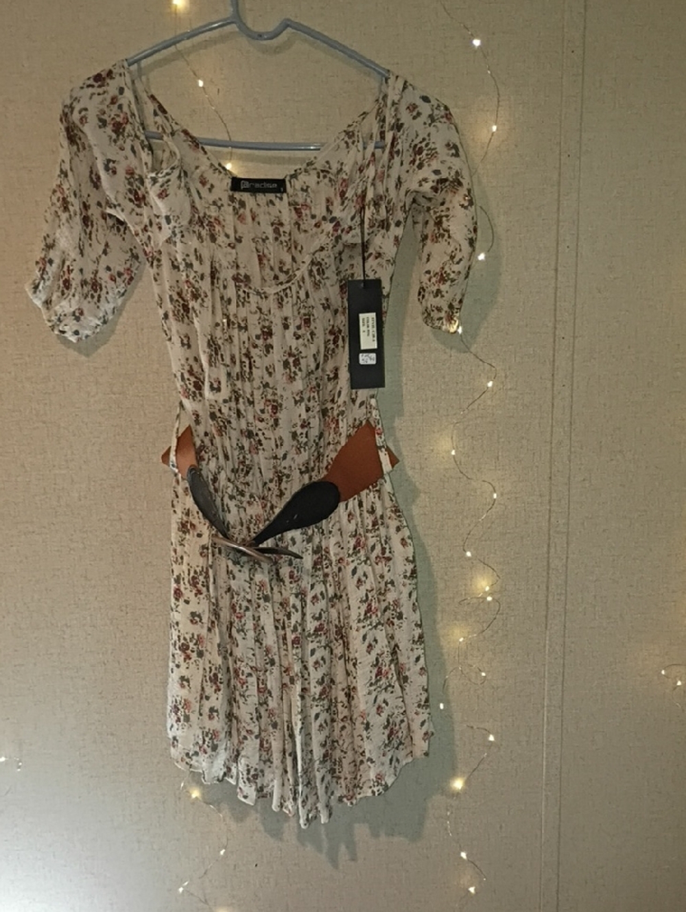 Boho Floral Cream Mini Dress with Tie Waist